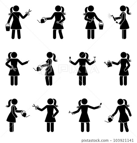 Stick figure woman standing with garden tools vector set. Stickman person holding planting equipment icon pictogram 103921141