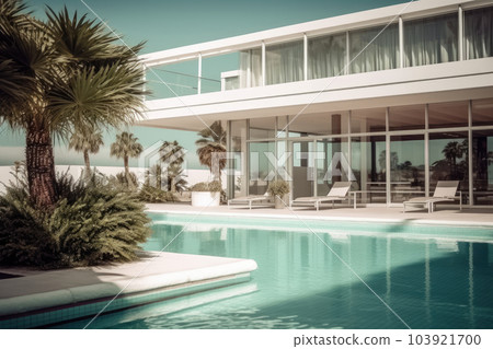 Modern and luxury Hotel lounge building architecture design concept, summer villa house residence and private with swimming pool and sea view, resort with space for sunbathing, with Generative Ai. 103921700