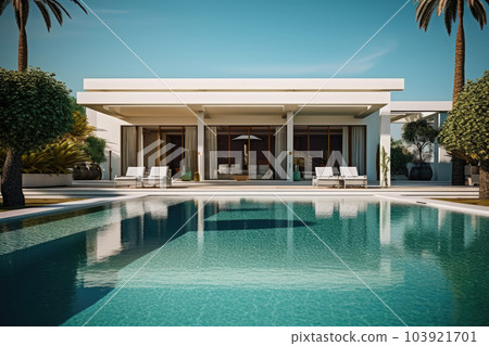 Modern and luxury Hotel lounge building architecture design concept, summer villa house residence and private with swimming pool and sea view, resort with space for sunbathing, with Generative Ai. 103921701