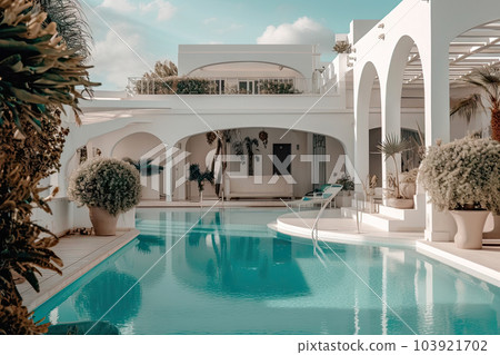 Modern and luxury Hotel lounge building architecture design concept, summer villa house residence and private with swimming pool and sea view, resort with space for sunbathing, with Generative Ai. 103921702