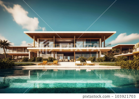 Modern and luxury Hotel lounge building architecture design concept, summer villa house residence and private with swimming pool and sea view, resort with space for sunbathing, with Generative Ai. 103921703