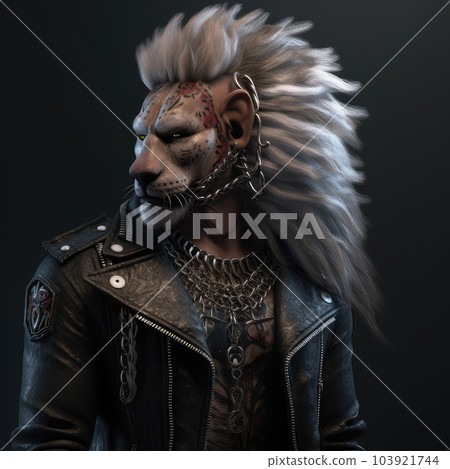 Anthropomorphic lion Rocker with mohawk. Generative AI 103921744