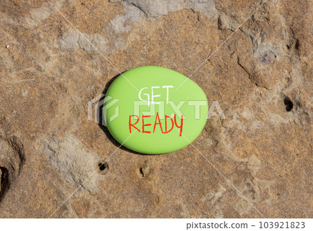 Get ready symbol. Concept words Get ready on beautiful green stone on a beautiful stone sea beach background. Business, support, motivation and get ready concept. Copy space. Get ready symbol. Concept words Get ready on beautiful green stone on a beautiful stone sea beach background. Business, support, motivation and get ready concept. Copy space. 103921823
