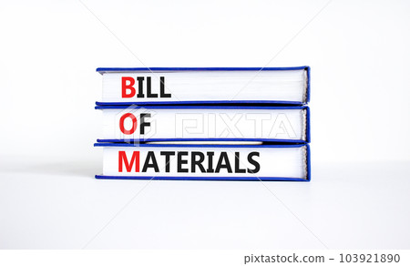 BOM bill of materials symbol. Concept words BOM bill of materials on beautiful books. Beautiful white table white background. Business and BOM bill of materials concept. Copy space. 103921890