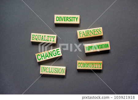 Diversity inclusion symbol. Concept words Community Diversity Equality Fairness Inclusion Representation Change on wooden block. Beautiful grey background. Diversity equality inclusion concept. 103921918
