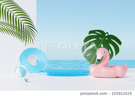 3D render Summer vacation abstract product display, Minimal Realistic Display Podium in the blue ocean sea background concept, Cosmetics with tropical summer island, umbrella, inflatable ring. 103922028