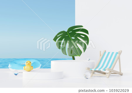 3D render Summer vacation abstract product display, Minimal Realistic Display Podium in the blue ocean sea background concept, Cosmetics with tropical summer island, umbrella, inflatable ring. 103922029