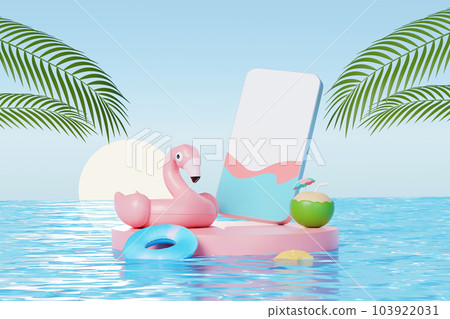 3D render Summer vacation abstract product display, Minimal Realistic Display Podium in the blue ocean sea background concept, Cosmetics with tropical summer island, umbrella, inflatable ring. 103922031