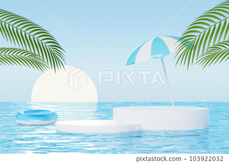 3D render Summer vacation abstract product display, Minimal Realistic Display Podium in the blue ocean sea background concept, Cosmetics with tropical summer island, umbrella, inflatable ring. 103922032