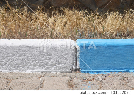 The street border is painted in white and blue colors against the background of yellow dry grass in summer close-up. Footpaths, minimalism. 103922051