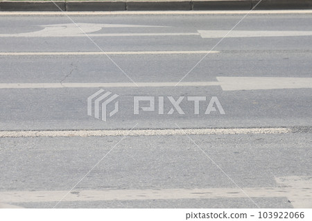 A street border painted in white and black on the background of the road and green foliage in the summer closeup. Road safety, minimalism. A street border painted in white and black on the background of the road and green foliage in the summer closeup. Road safety, minimalism. 103922066