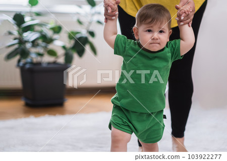 Chubby baby boy in green outfit learning to walk holding mother hands caring woman developing little son helping to make first steps on carpet in living room at home Chubby baby boy in green outfit learning to walk holding mother hands caring woman developing little son helping to make first steps on carpet in living room at home 103922277