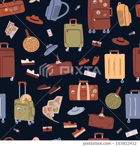 Seamless pattern with various suitcases and travel accessories flat style Seamless pattern with various suitcases and travel accessories flat style 103922412