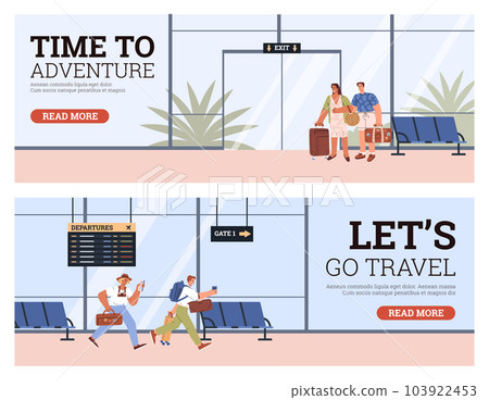 Set of vector banners, flyers of people at the airport, rushing to the flight to the plane, waiting for boarding Set of vector banners, flyers of people at the airport, rushing to the flight to the plane, waiting for boarding 103922453