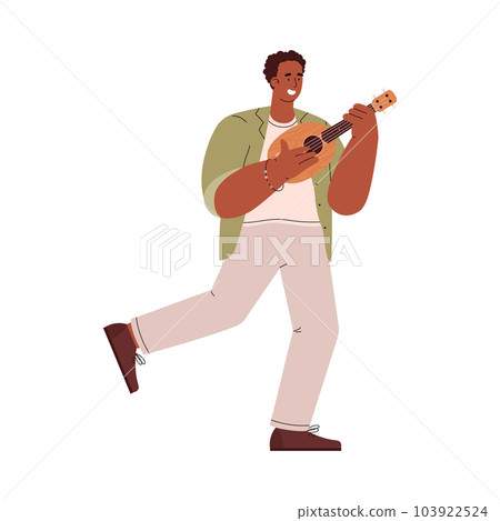 Man holding and playing small ukulele guitar, flat vector illustration isolated. 103922524