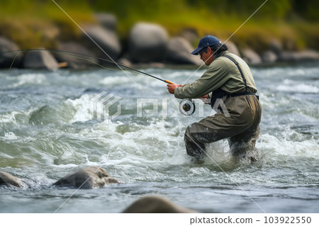Fisherman catches trout on spinning in fast mountain river. Generative AI illustration 103922550