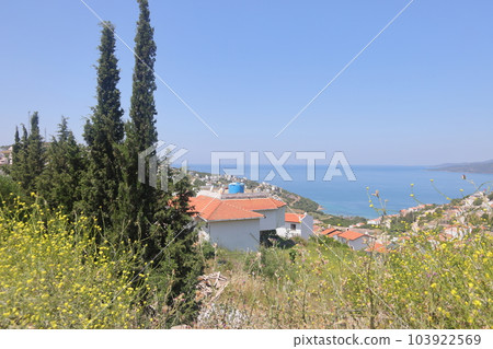 View of the highway, houses and mountains on the Aegean coast of Turkey, orange groves.  May 2023. 103922569