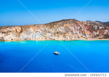 Drone view of a sailing yacht. Luxury transportation. Vacationing people. Vacation and holidays. 103922713