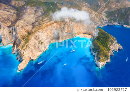 View of Navagio beach, Zakynthos Island, Greece. Aerial landscape. Azure sea water. View of Navagio beach, Zakynthos Island, Greece. Aerial landscape. Azure sea water. 103922717