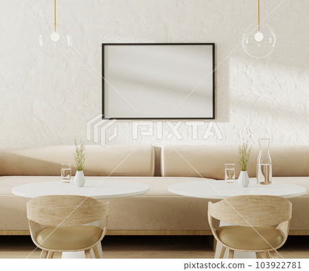 Picture frame mock up above light beige sofa in cafe with round coffee tables and chairs, 3d rendering 103922781
