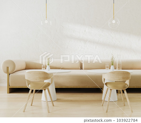 Modern cafe interior in beige tones with white stone walls, wooden floor, sofa and round coffee tables. 3d render 103922784