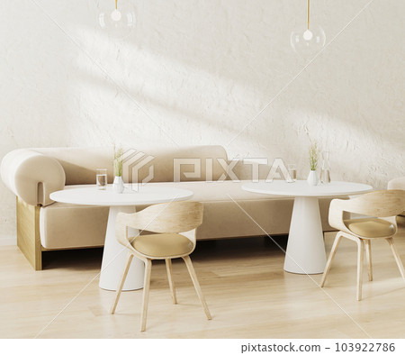 Bright and modern coffee place interior design with beige sofa, white round coffee tables and chairs, cafe interior, 3d Bright and modern coffee place interior design with beige sofa, white round coffee tables and chairs, cafe interior, 3d 103922786