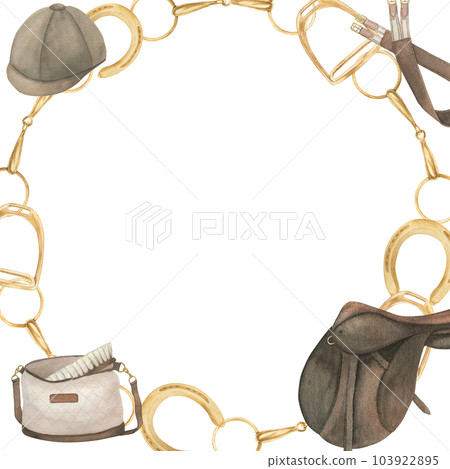 Watercolor illustration of a square frame with golden horseshoes, stirrups, saddle, bag with cleaning brush, girth, helmet, snaffles. Wreath on the theme of horses and equestrianism. isolated Watercolor illustration of a square frame with golden horseshoes, stirrups, saddle, bag with cleaning brush, girth, helmet, snaffles. Wreath on the theme of horses and equestrianism. isolated 103922895