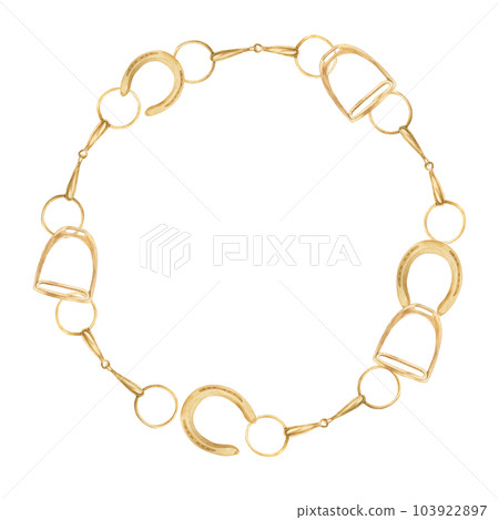 Watercolor illustration of a wreath with golden horseshoes, stirrups, snaffles. Wreath on the theme of horses and equestrianism. isolated Watercolor illustration of a wreath with golden horseshoes, stirrups, snaffles. Wreath on the theme of horses and equestrianism. isolated 103922897