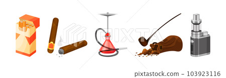 Smoking Objects with Cigarette Pack, Cigar, Hookah, Pipe and Vape Vector Set 103923116