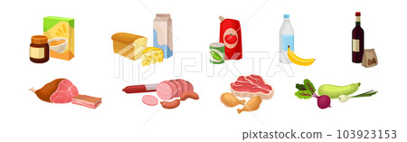 Different Food with Meat, Vegetables, Ketchup, Water Bottle, Wine, Cereal Package and Chocolate Paste Vector Set 103923153