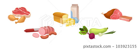 Different Food with Meat, Bread, Milk and Vegetables Vector Set Different Food with Meat, Bread, Milk and Vegetables Vector Set 103923155