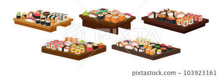Different Sushi and Maki Served on Board with Soy Sauce Vector Set Different Sushi and Maki Served on Board with Soy Sauce Vector Set 103923161