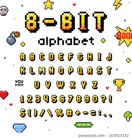 Pixel 8 Bit Font and Alphabet Letters and Numbers Vector Set Pixel 8 Bit Font and Alphabet Letters and Numbers Vector Set 103923182