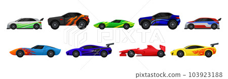 Different Colorful Sport Racing Car Side View Vector Set 103923188
