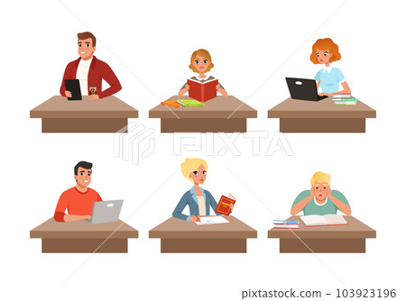 Young Man and Woman at Desk Studying with Books Vector Set 103923196
