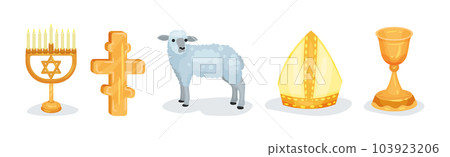 Religious Christian Signs and Symbols with Cross, Lamb, Goblet and Menorah Vector Set Religious Christian Signs and Symbols with Cross, Lamb, Goblet and Menorah Vector Set 103923206