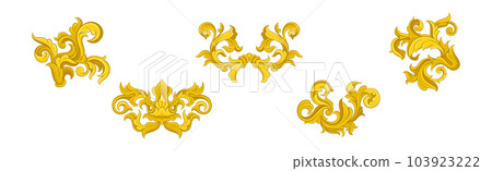 Golden Monograms and Baroque Swirl Element with Floral Ornament Vector Set Golden Monograms and Baroque Swirl Element with Floral Ornament Vector Set 103923222