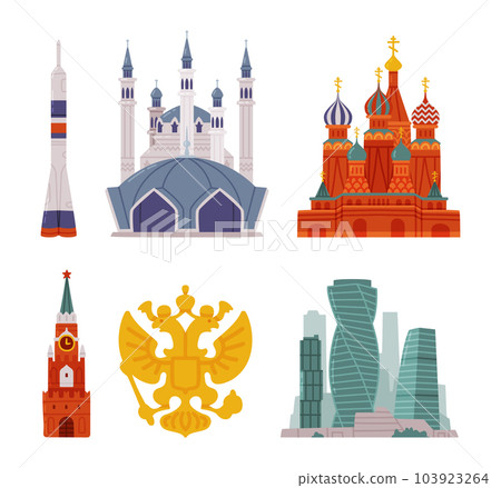 Russian Symbol with Spacecraft, Kazan Mosque, Red Square, Moscow City and Double-headed Eagle Vector Illustration Set Russian Symbol with Spacecraft, Kazan Mosque, Red Square, Moscow City and Double-headed Eagle Vector Illustration Set 103923264