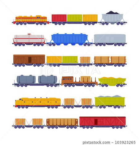 Train or Locomotive with Wagon Pulling Freight and Cargo Vector Set 103923265