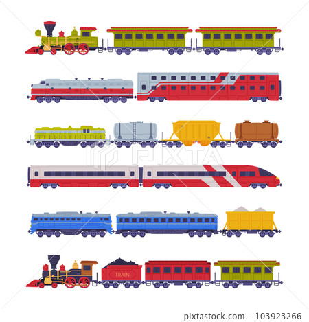 Train or Locomotive with Wagon Pulling Freight and Cargo Vector Set 103923266