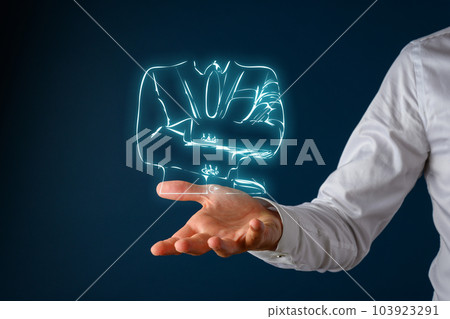 Hand of a businessman in a gesture of presentation with glowing torso 103923291