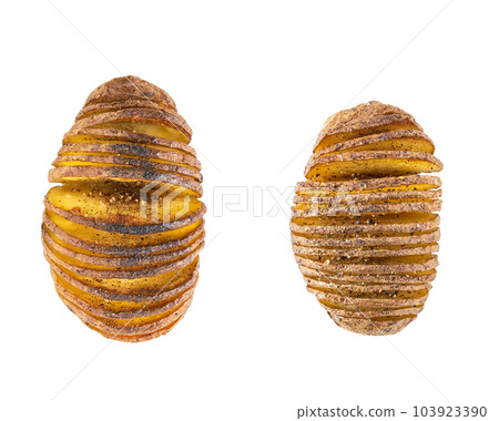 Baked hasselback potato isolated on white background, top view. Baked hasselback potato isolated on white background, top view. 103923390