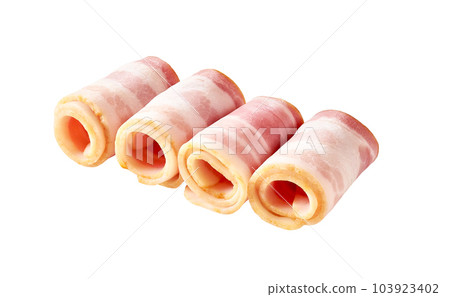 Rolls of smoked bacon isolated on white background. Rolled slices of ham isolated. Rolls of smoked bacon isolated on white background. Rolled slices of ham isolated. 103923402