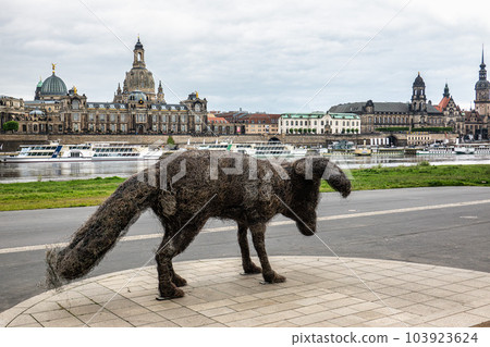 Artistic statue vulpes gott in front of Supreme Land Court palace in Dresden, Germany 103923624