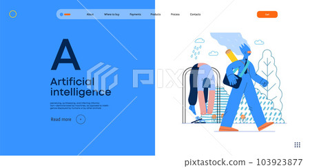 Artificial intelligence illustration. Job -modern flat vector concept illustration -AI going to work instead of human, upset woman stays home. AI metaphor, advantage, superiority and dominance concept Artificial intelligence illustration. Job -modern flat vector concept illustration -AI going to work instead of human, upset woman stays home. AI metaphor, advantage, superiority and dominance concept 103923877