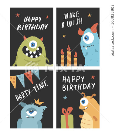 Birthday cards set with Cute monsters. Cartoon monsters collection. Vector illustration 103923902