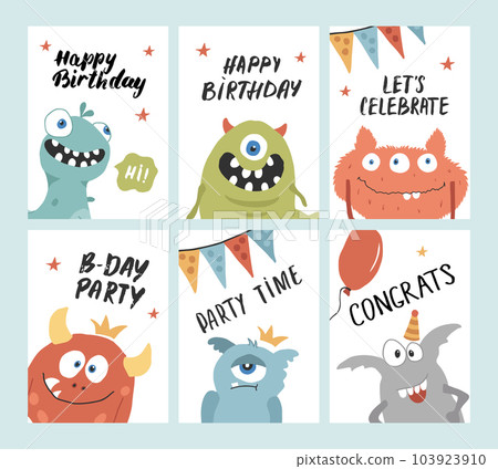 Birthday cards set with Cute monsters. Cartoon monsters collection. Vector illustration Birthday cards set with Cute monsters. Cartoon monsters collection. Vector illustration 103923910
