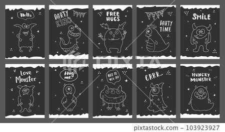 Cute monsters cards set. Cartoon monsters collection. Vector illustration Cute monsters cards set. Cartoon monsters collection. Vector illustration 103923927