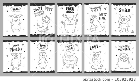 Cute monsters cards set. Cartoon monsters collection. Vector illustration 103923928