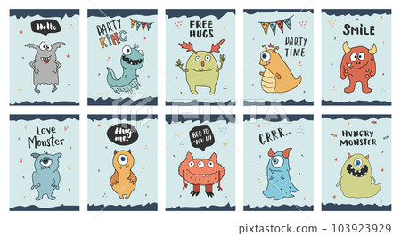 Cute monsters cards set. Cartoon monsters collection. Vector illustration 103923929